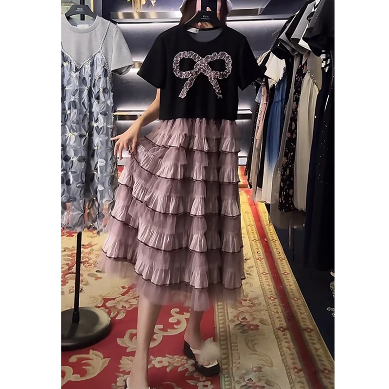 撞色拼接蝴蝶结蛋糕连衣裙女2025夏季新款时尚气质减龄遮肚裙子