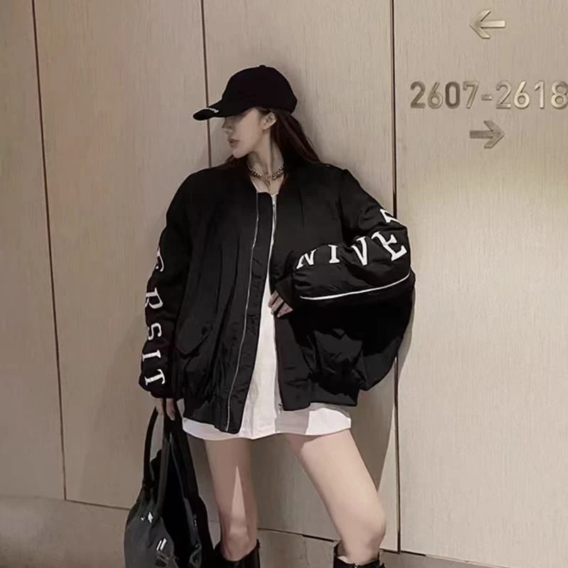 萌萌【慵懒风】宽松字母港味港风复古冬季棉衣炸街夹克服（99008）