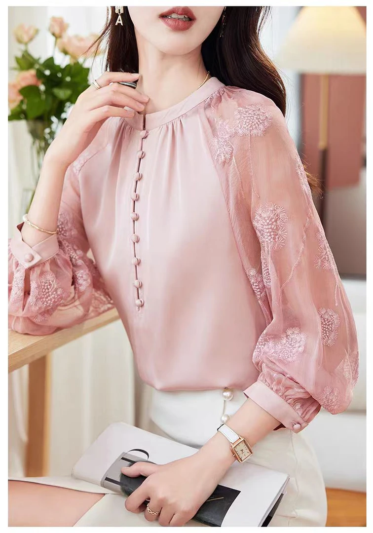 新款爆款中国风长袖衬衫女2025粉色春夏季新款中老年小衫上衣时尚