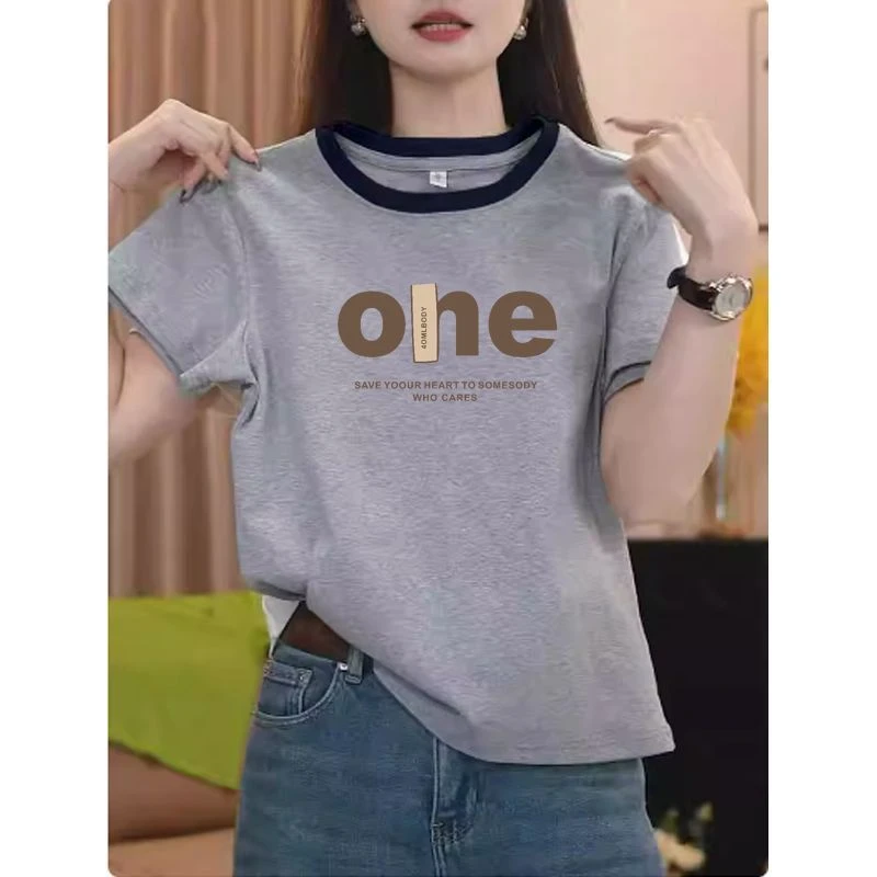 撞色正肩纯棉短袖t恤女装时尚百搭洋气减龄上衣2025夏季爆款体恤