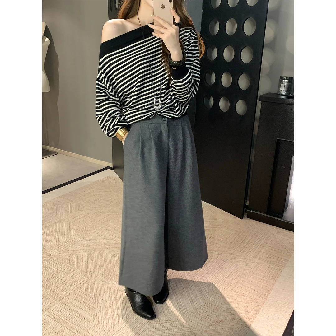 安酒月 冬季新款毛呢九分裤女极简休闲加厚直筒阔腿宽松显瘦裤子