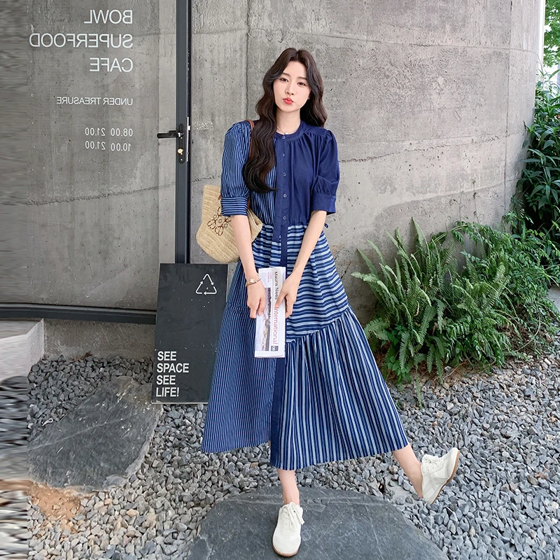 蓝色条纹拼接连衣裙女夏季今年流行掐腰显瘦法式茶歇不规则长裙子