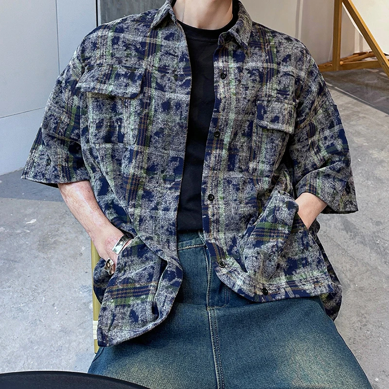 美式复古扎染格子短袖衬衫男夏季高级感cleanfit格纹五分衬衣外套