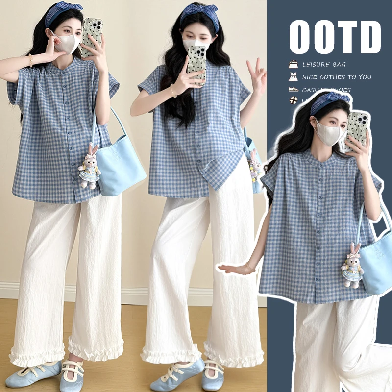 孕妇装2025夏季新款洋气显瘦宽松上衣百搭冰丝花边孕妇九分裤套装