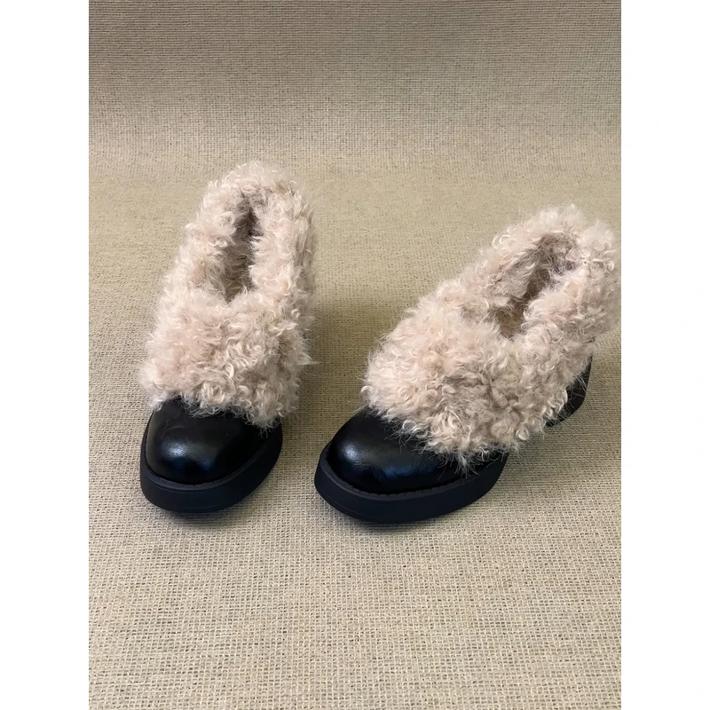 nnmiss/7cm设计感小个子百搭圆头通勤超轻粗跟防水台毛毛鞋