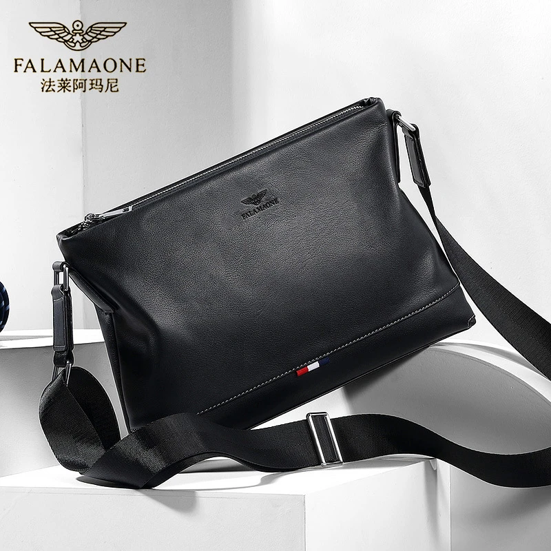 法莱阿玛尼黑色单肩包男士真皮包休闲时尚通勤小背包百搭牛皮包包