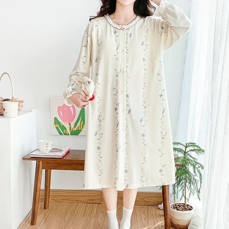长袖月子裙睡衣女春秋带胸垫莫代尔中长款哺乳产后睡裙产后睡衣
