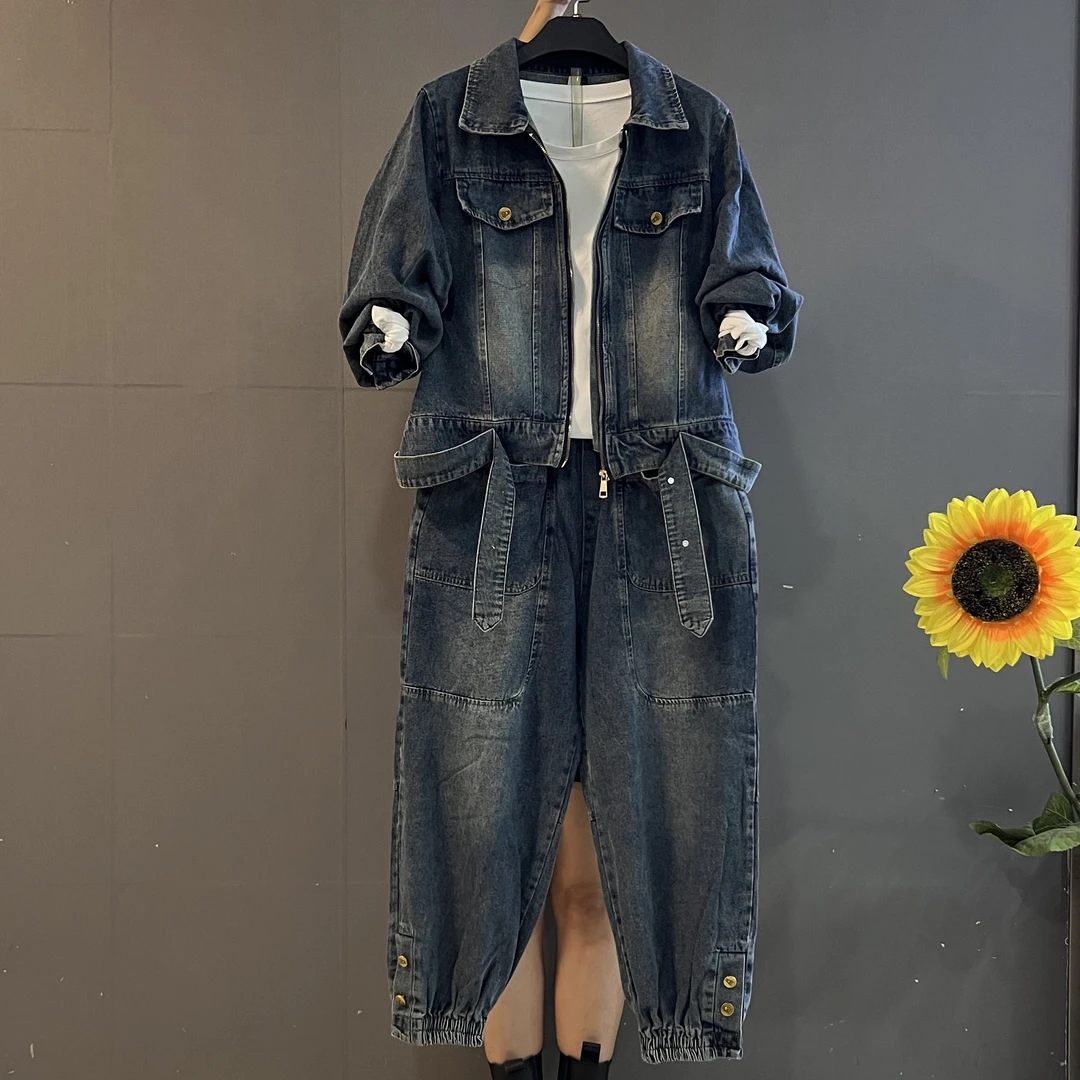 胖mm时尚减龄秋季韩版休闲牛仔外套束脚裤套装