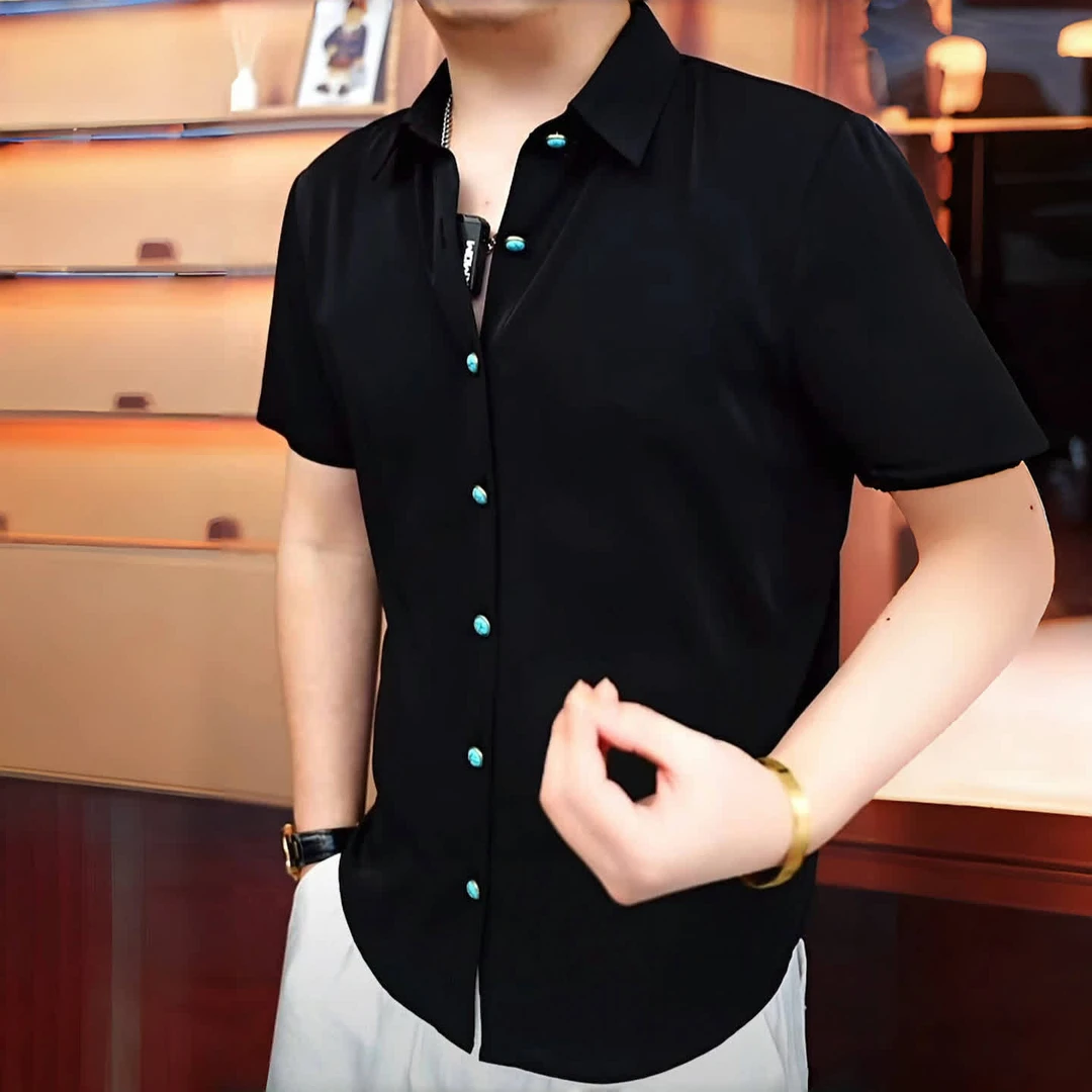 《幽黑蓝扣》2025夏衬衫百搭翻领休闲潮流时尚修身帅气个性男士