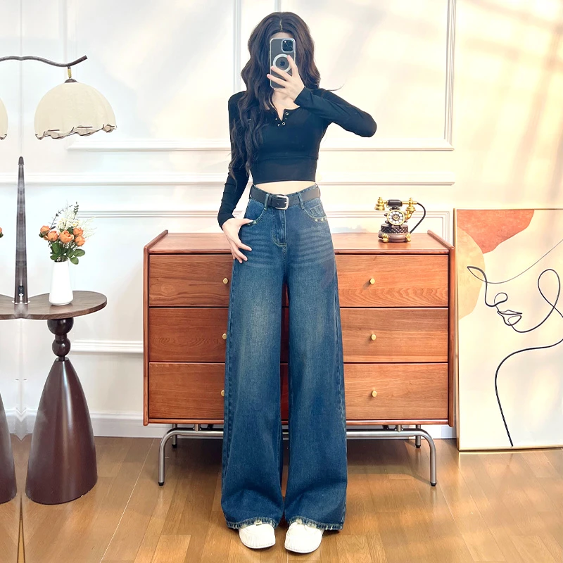 喜绚阔腿牛仔裤女春秋季2025新款显瘦垂感磨破设计感百搭直筒裤子