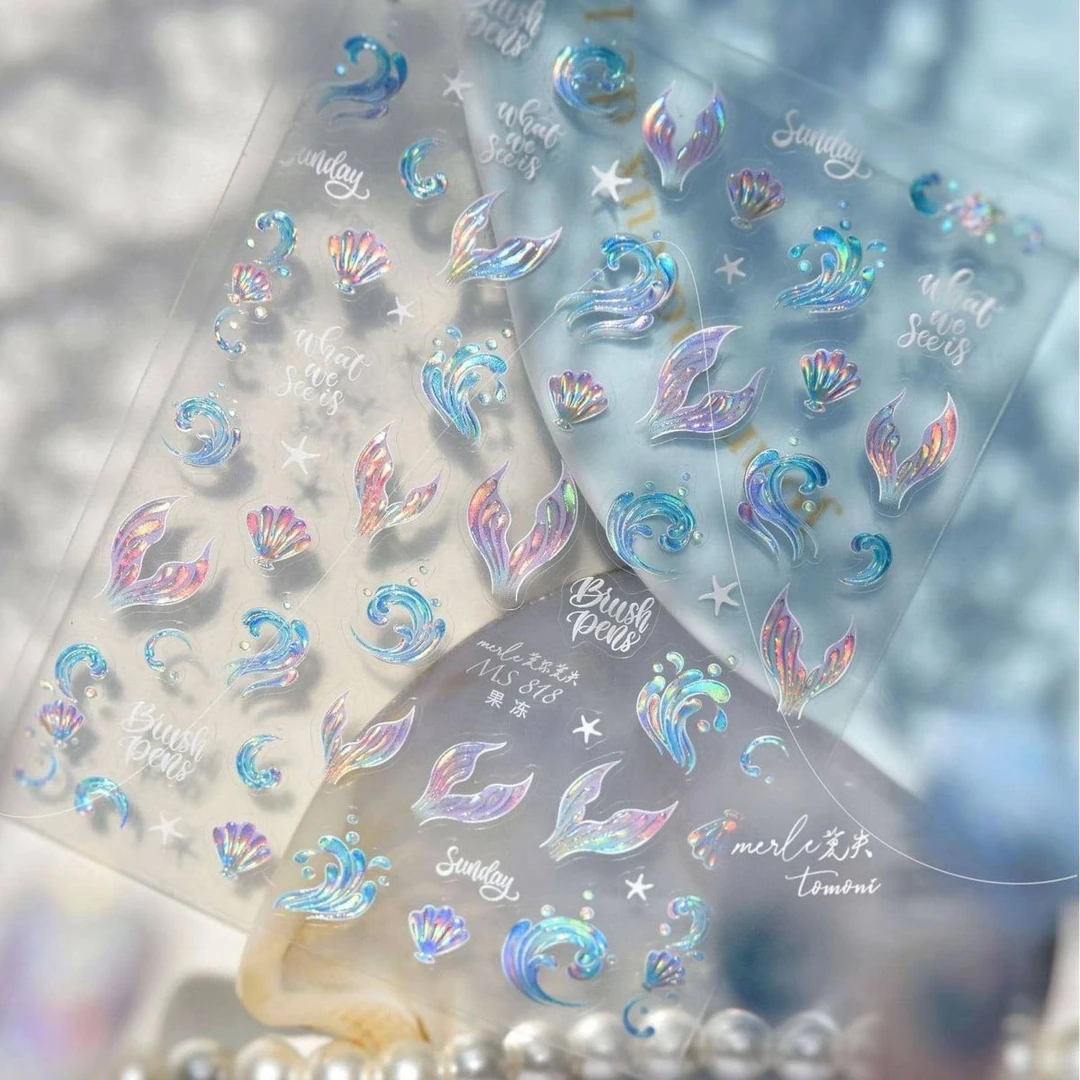 复古美人鱼尾巴海浪贝壳果冻美甲贴纸防水背胶网红仙女指甲装饰贴
