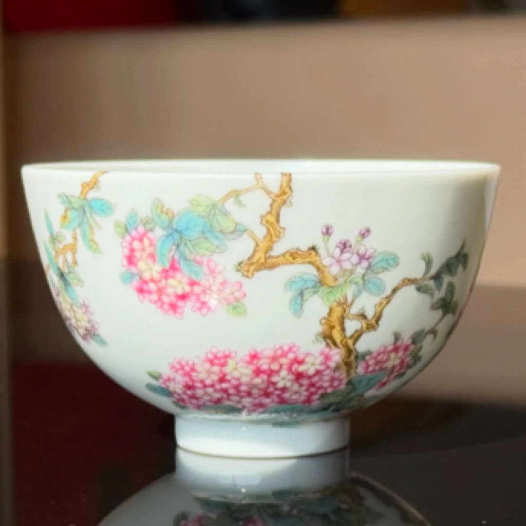 珐琅彩绣球花过枝碗杯纯手工