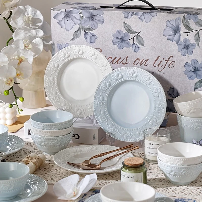 碗盘餐具碗具套装浮雕釉下彩套装乔迁之喜入宅礼品陶瓷碗套装