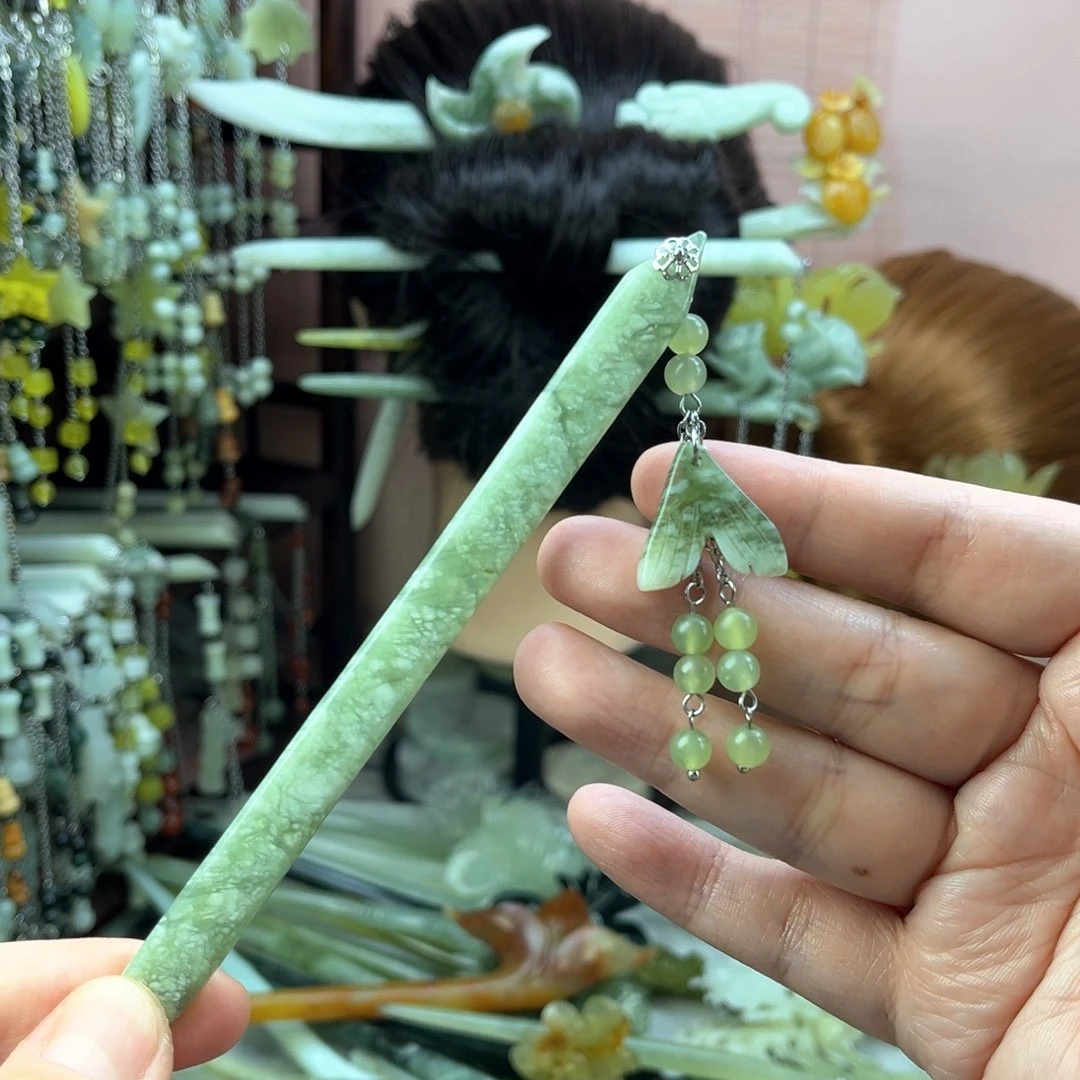 蛇纹石玉发饰未镶嵌长度14.5厘米左右