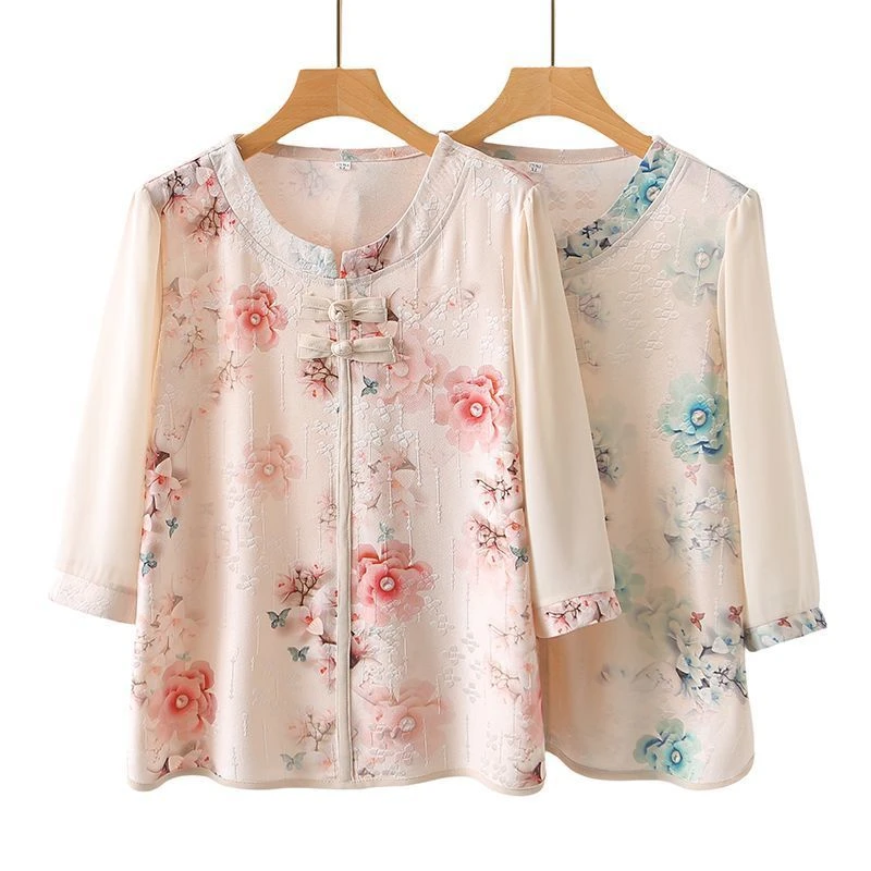 开衫衬衫中年妈妈长袖中老年女装薄款常规复古印花中老年盘扣