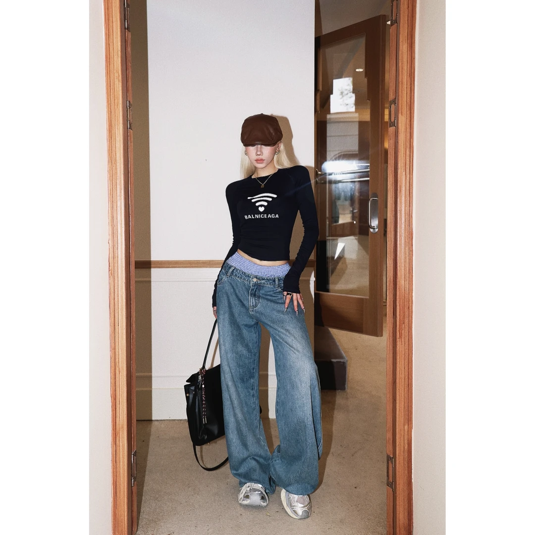 【婉君】秋季美式高街设计感复古水洗阔腿牛仔裤LWJ24B2K1199