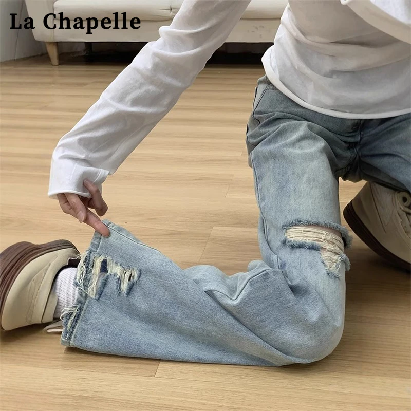 拉夏贝尔破洞薄款高腰阔腿牛仔裤女季新款小众设计感显瘦拖地裤子