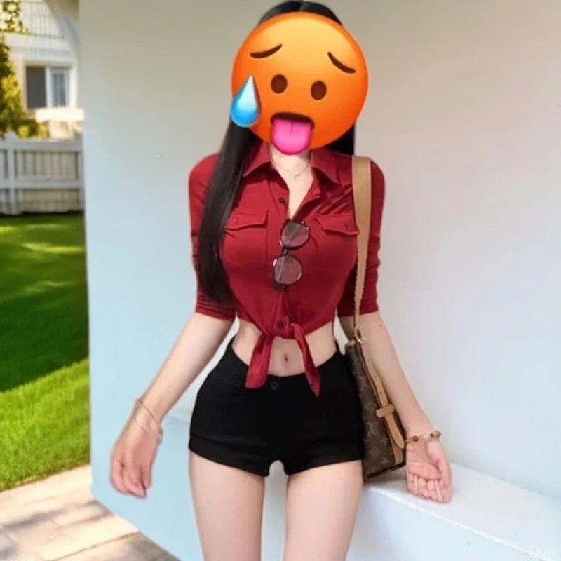 夏季新款好看单翻领超小衫辣妹红色修身短款衬衣独特穿长袖衬衫女