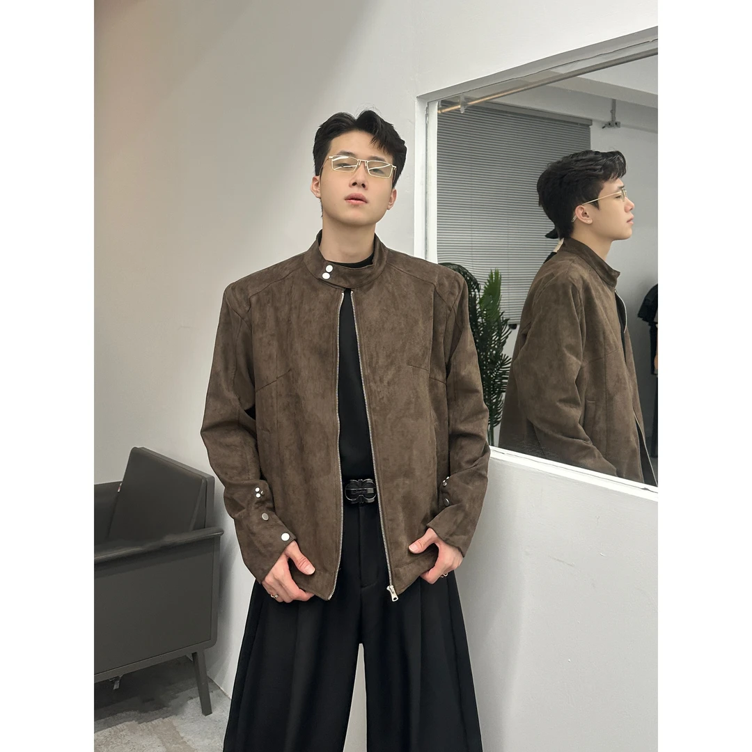 时尚宽松型夹克秋季免烫几皮绒领立领功能男装酷帅休闲外套HJ5819