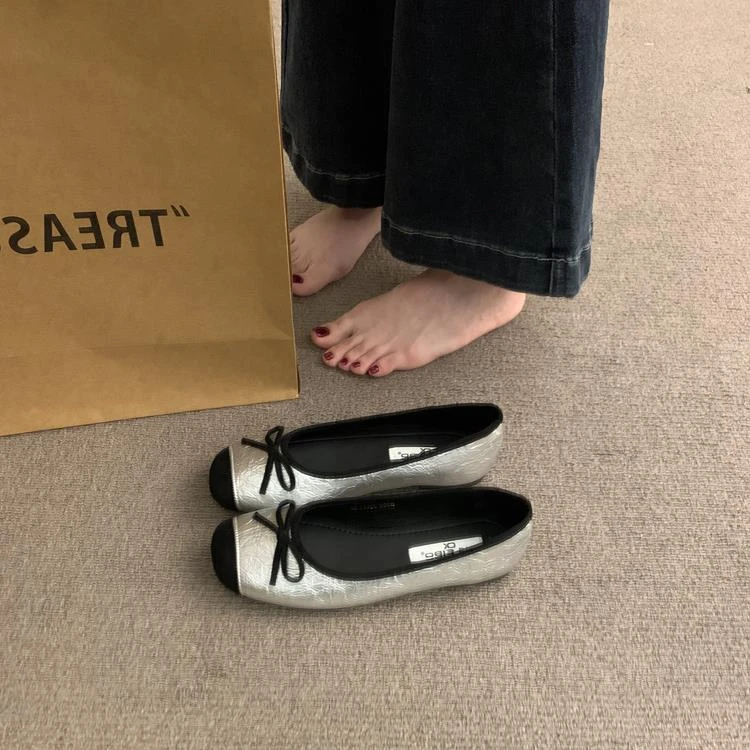 平底法式小香风银色芭蕾舞单鞋女鞋子新款春夏季蝴蝶结晚晚鞋