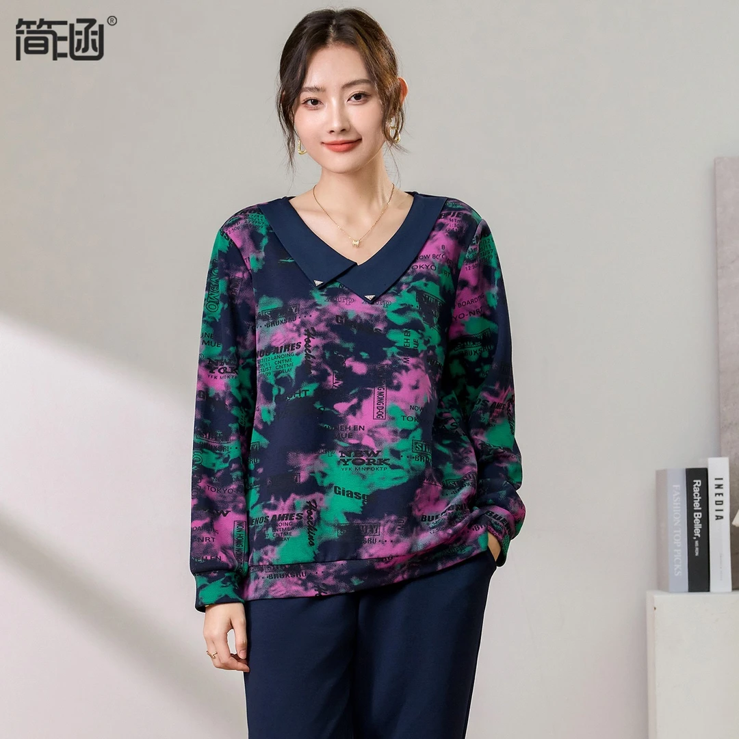 简涵气质翻领T恤卫衣秋季新款洋气妈妈装休闲大码印花上衣Q1225