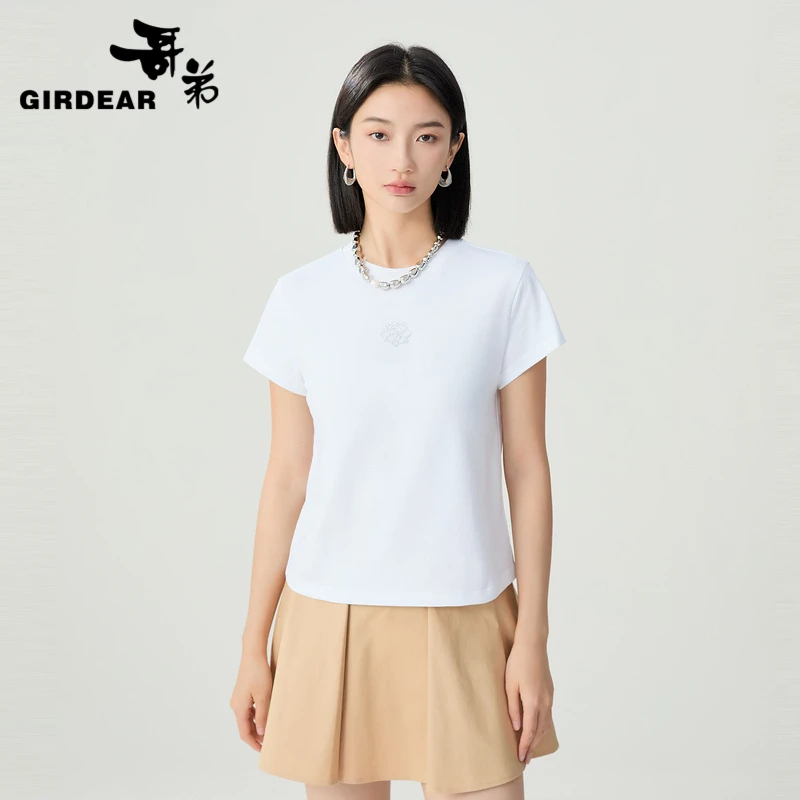 哥弟新款女装绽放系列玫瑰印花纯棉上衣短款圆领薄短袖T恤1300996