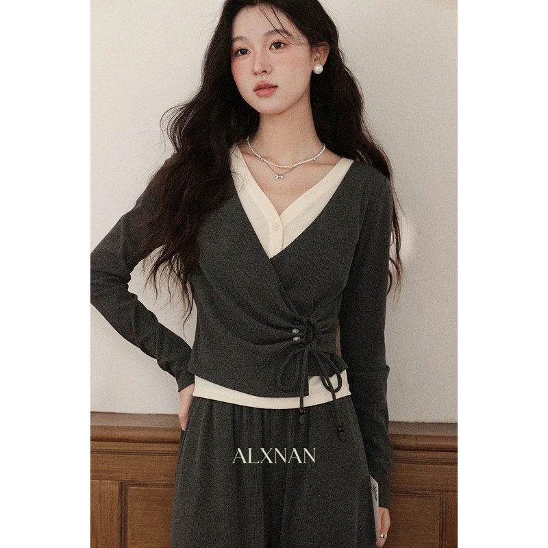 【清清】「油画风铃」假两件百搭灰色长袖t恤休闲裤女秋两件套L569112