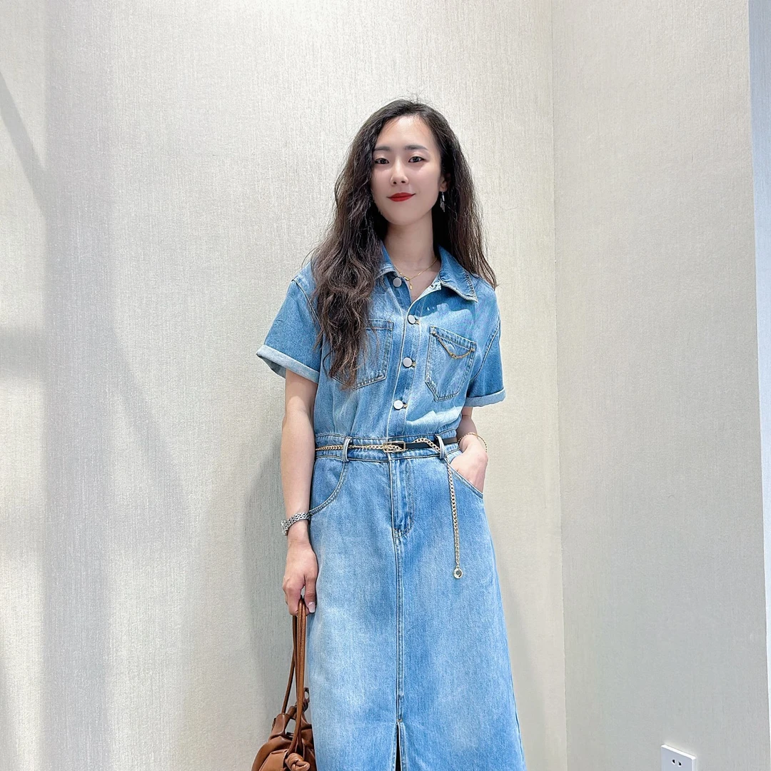 迪图夏季复古收腰显瘦牛仔连衣裙中长款短袖气质裙子