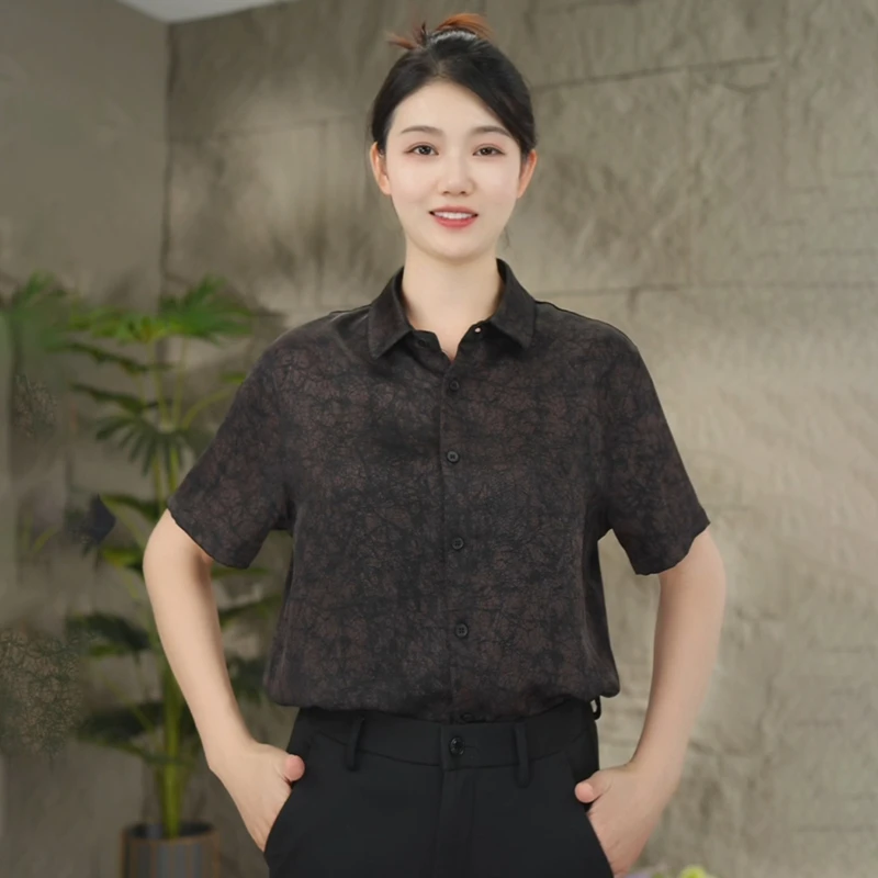 夏季印花香云纱短袖通勤通用中国风T恤衬衫桑蚕丝休闲宽松半袖