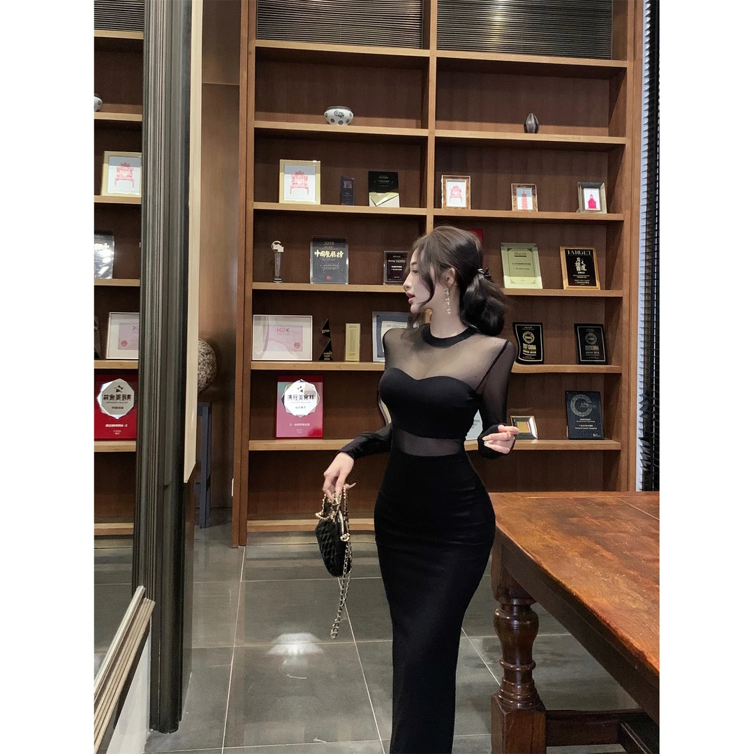 韩系纯欲性感气质网纱长袖连衣裙女收腰显瘦辣妹针织拼接包臀裙子