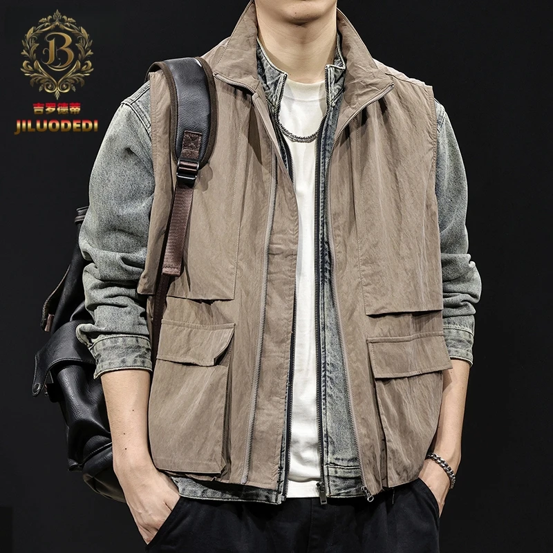 吉罗德蒂秋季马甲男坎肩美式高端潮牌大码立领工装背心新款莱赛尔