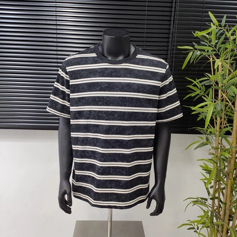 夏季新款国潮高街小众设计扎染做旧条纹短袖T恤男女撞色宽松半袖