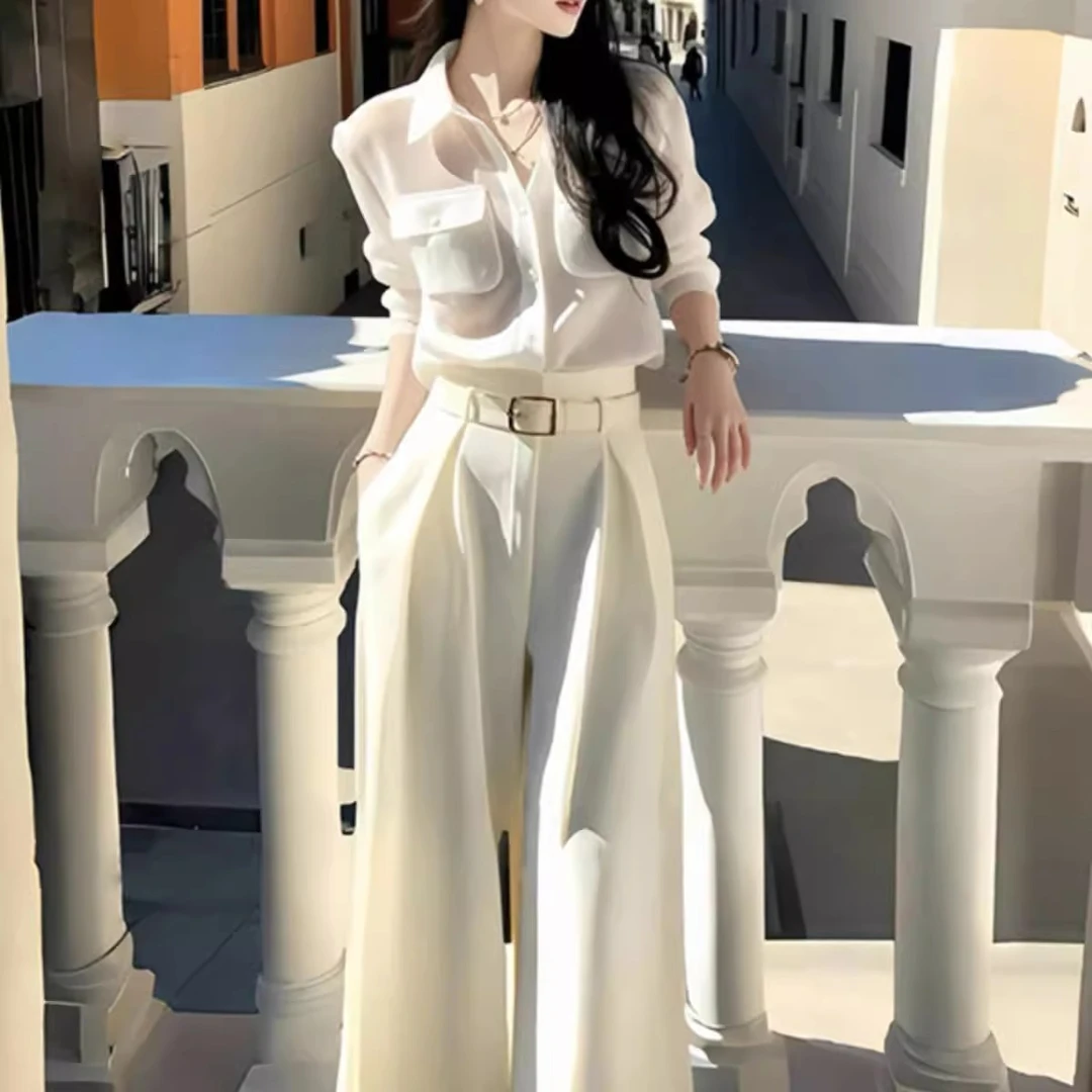 今年流行爆款女装干练气质高端小香风白色衬衫阔腿裤职业套装秋季