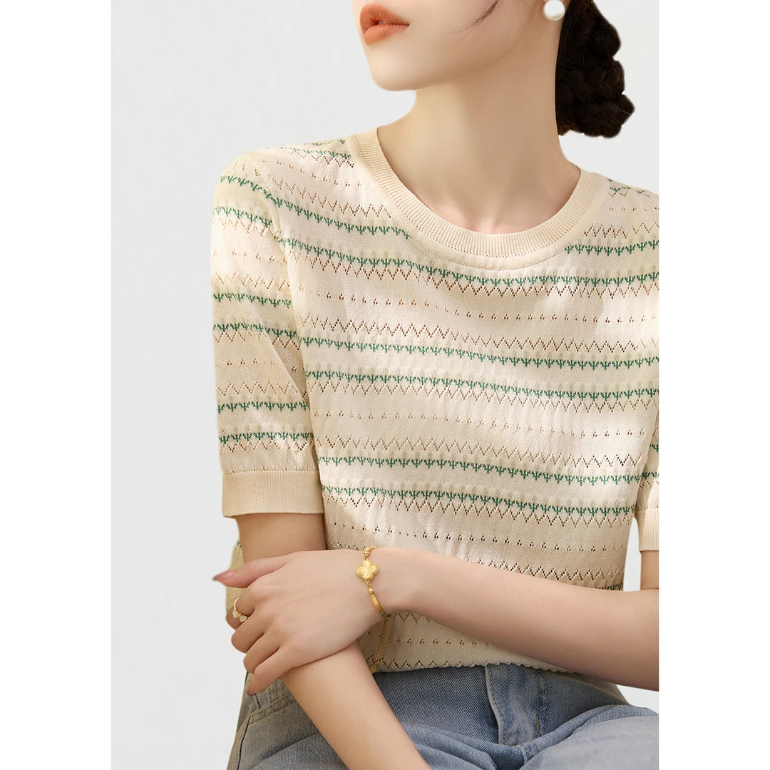 简约款舒适透气圆领短袖t恤条纹薄款宽松显瘦针织衫提花掏孔上衣