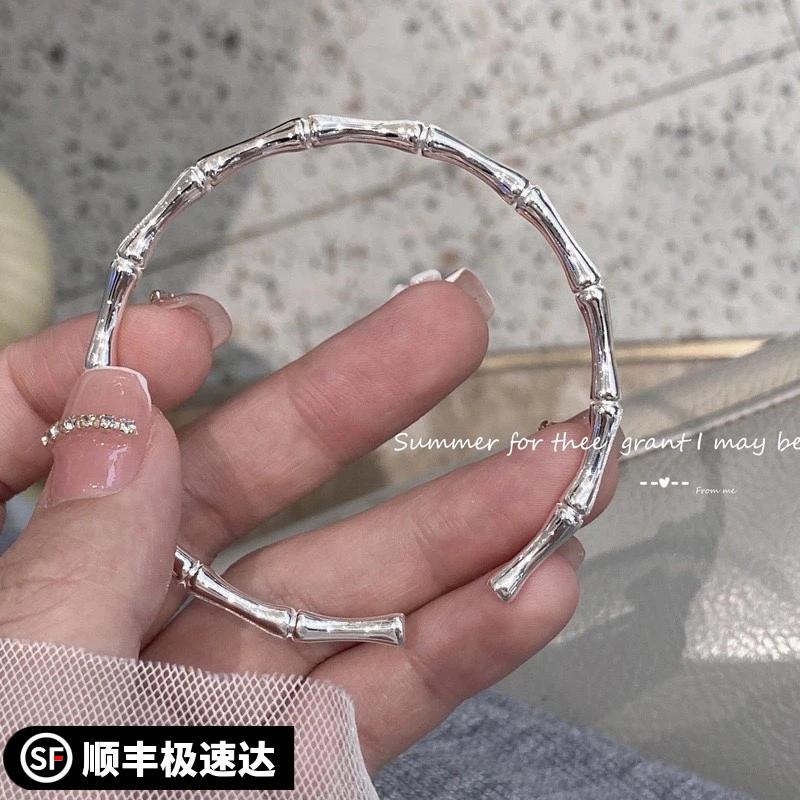 足银手镯 银手镯女9999竹节实心个性开口镯子小众款简约礼物时尚