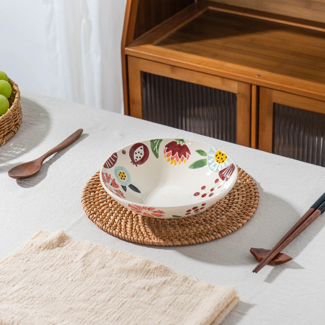 石榴花系列面碗外贸原单正品人工手绘釉下沙拉碗斗笠面碗安全健康