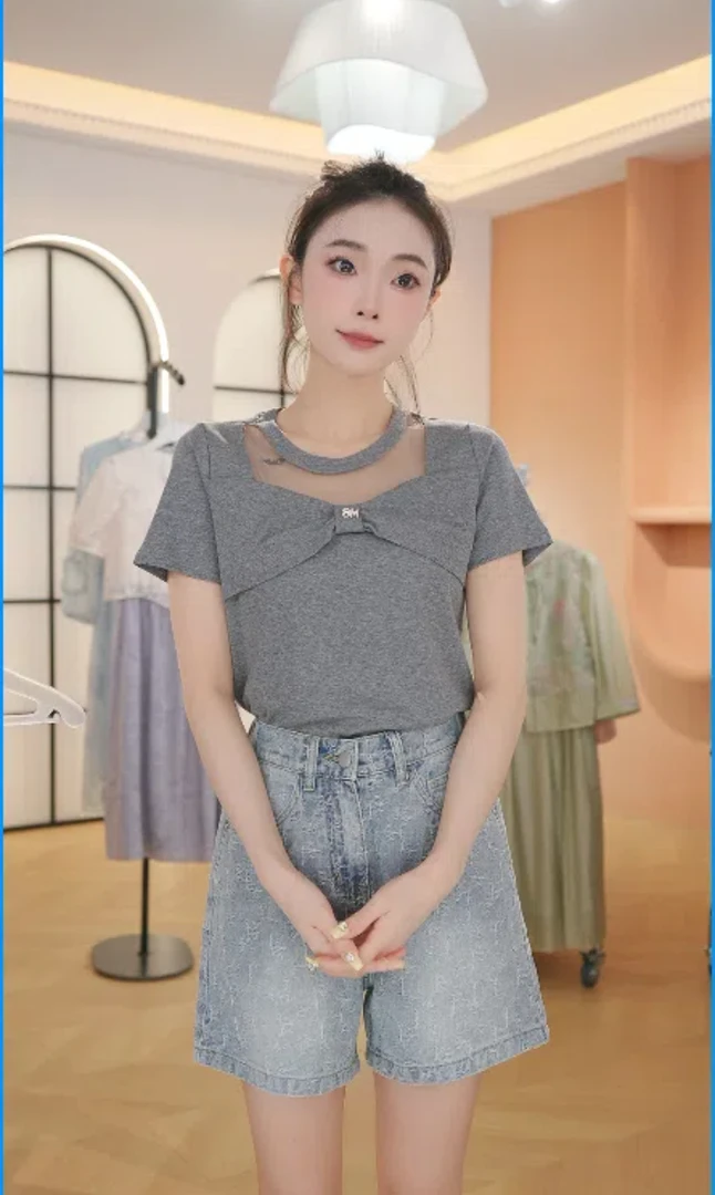 F2025夏季款洋气蝴蝶结设计感上衣圆领条纹镂空网纱拼接短袖t恤女