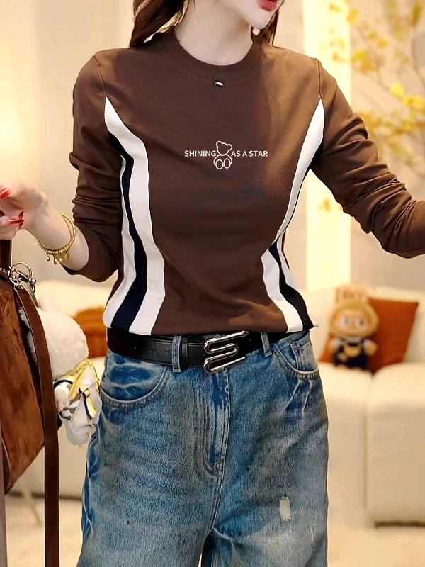 韩系显瘦修身长袖时尚个性上衣欧货新款设计感拼色t恤女秋季打底