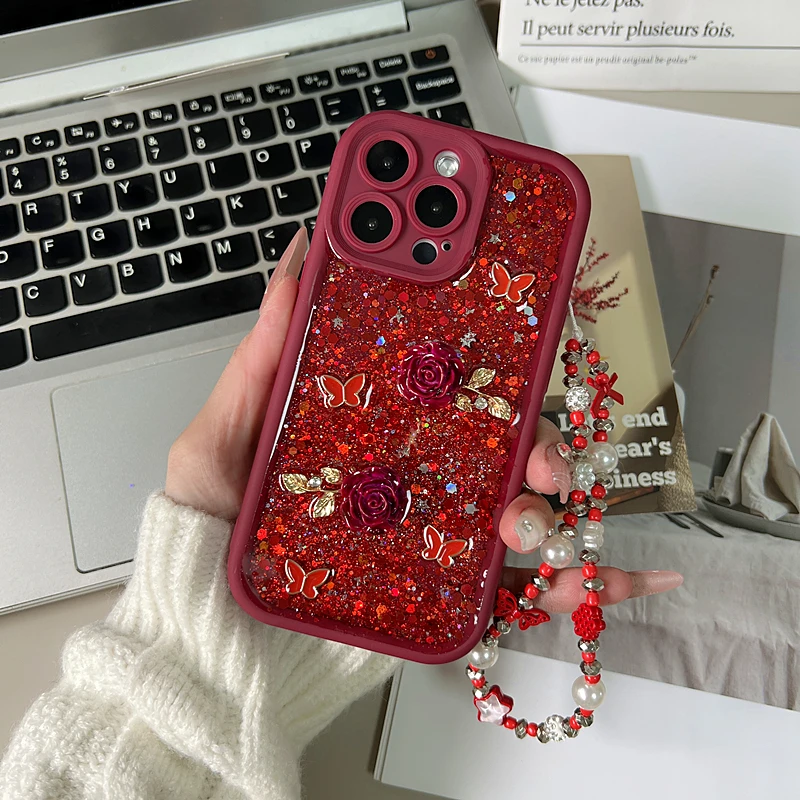 轻奢复古高级蝴蝶酒红手机壳适用苹果15华为oppo小米vivo奢华防摔