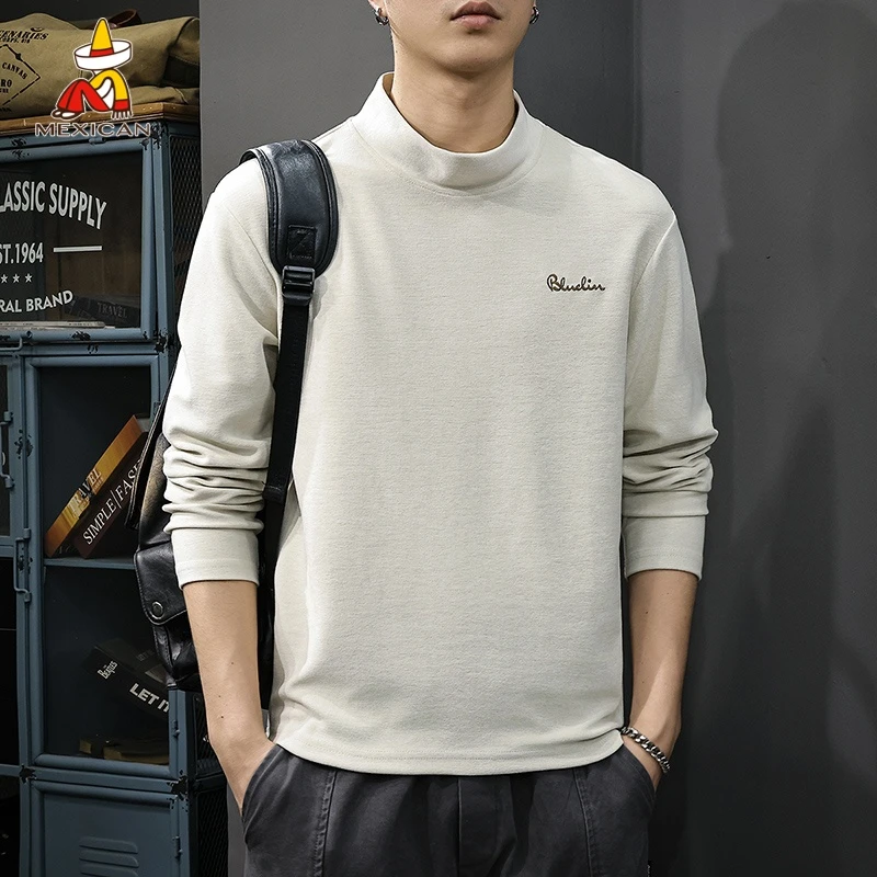 Mexican/稻草人320g重磅半高领长袖t恤男士秋季宽松休闲打底衫潮