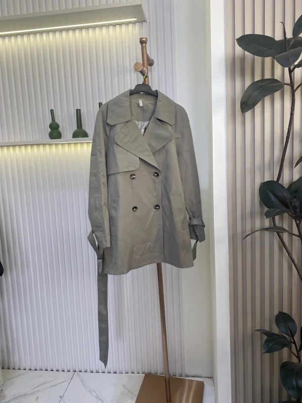 [H5523豆绿色风衣外套]百搭设计师经典网红显瘦