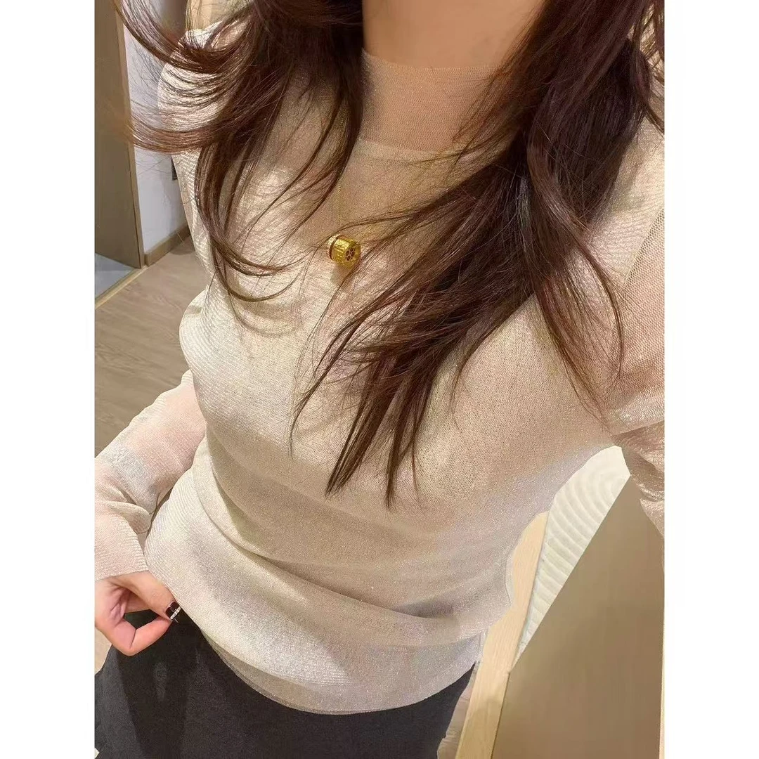【豆子推荐】0365 高级感细闪网纱显瘦打底衫长袖洋气性感上衣圆领