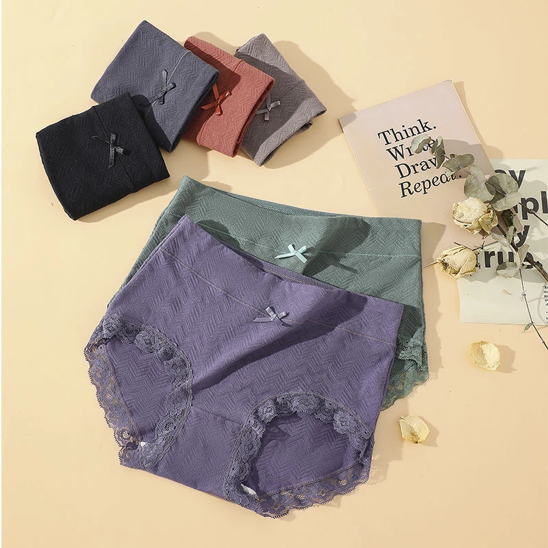 GINBAREIS/金佰亿棉中高腰内裤女士收腹包臀抗菌透气蕾丝边三角裤