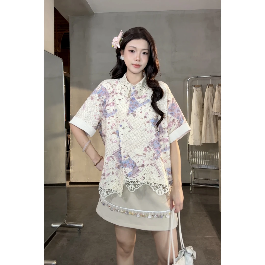 VGVL【紫藤语】春夏新款下摆拼接不规则衬衫女