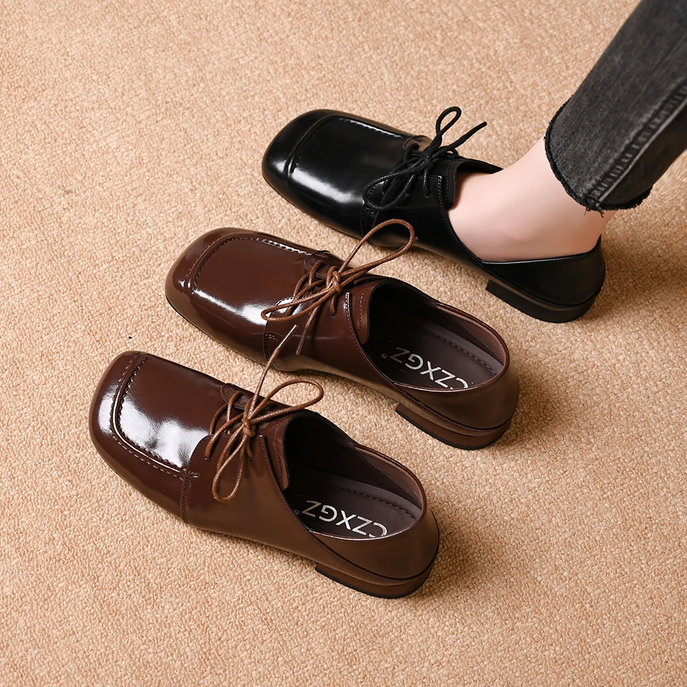 复古方头系带粗跟低跟女鞋2025春秋新款深口英伦风舒适百搭单鞋