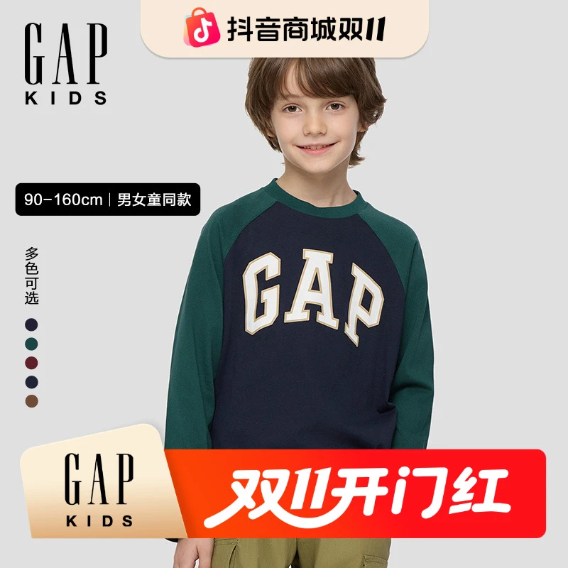 Gap男女童秋冬新款纯棉撞色插肩长袖T恤 DR 829283/805095/805328