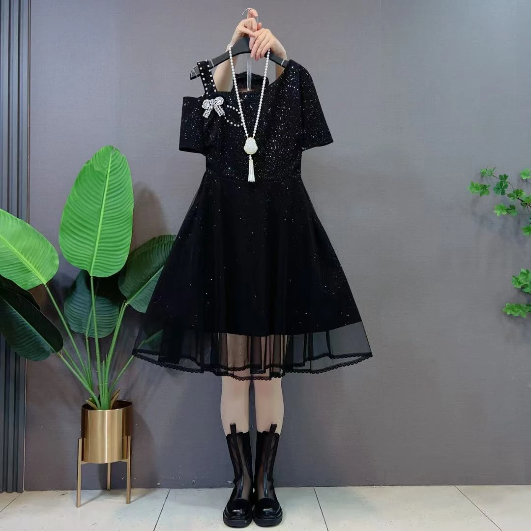 欧货气质百搭洋气亮星夏季新款不等式露肩拼接网纱高腰a字连衣裙