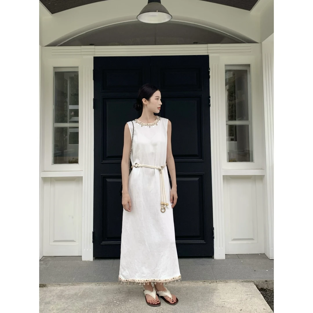 Mozch 【衣长119】 麻感轻盈透气重工钉珠波西米亚风无袖百搭连衣裙