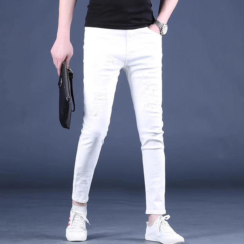 Cebrodz九分男士破洞小脚裤牛仔裤潮牌修身小脚夏季休闲裤白色裤