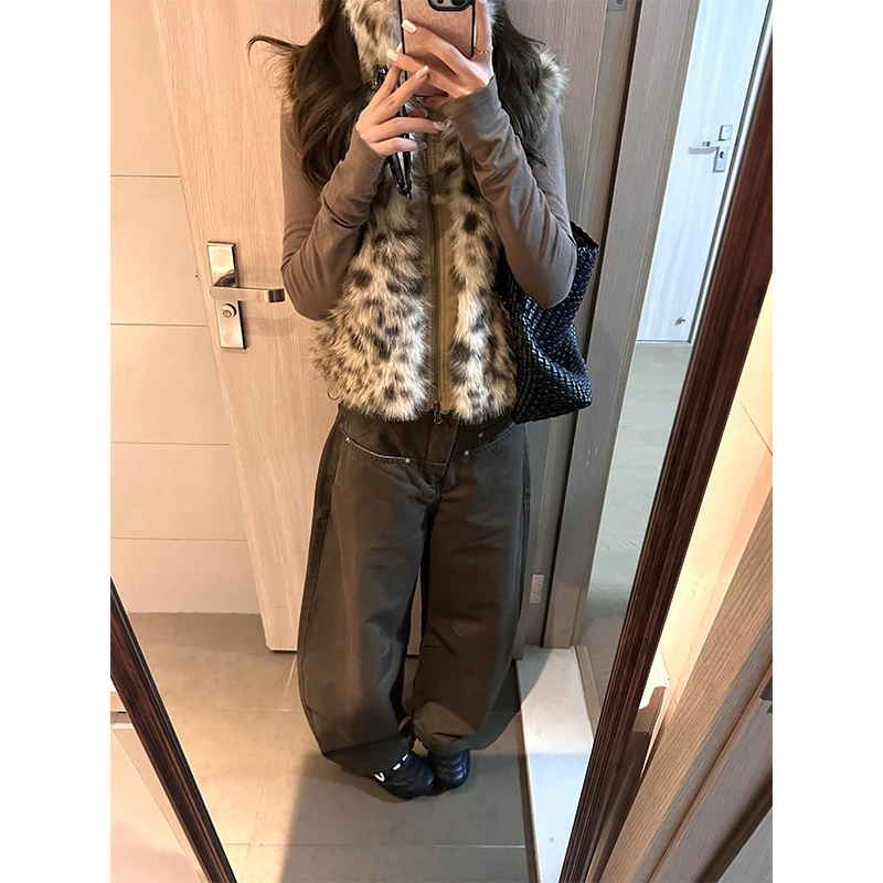 美式复古时尚立领渐变豹纹马甲女秋冬季软糯高级感人造皮草外套潮